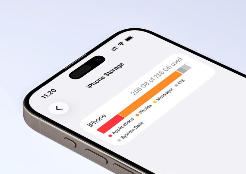 An iPhone showing its storage settings, with a bar of the space used
